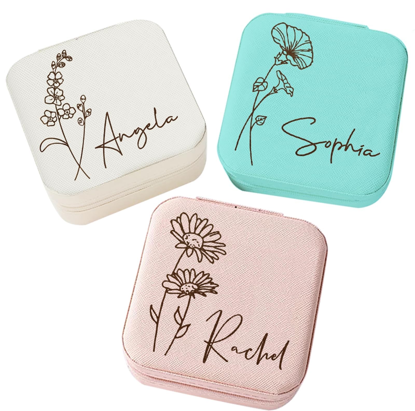 Personalized Leather Jewelry Box for Women - Custom Travel Jewelry Organizer with Name & Birth Flower Engraving - Gift for Her to Store Rings, Earrings & Necklaces - Perfect for Birthday, Anniversary & Valentine's Day Gifts