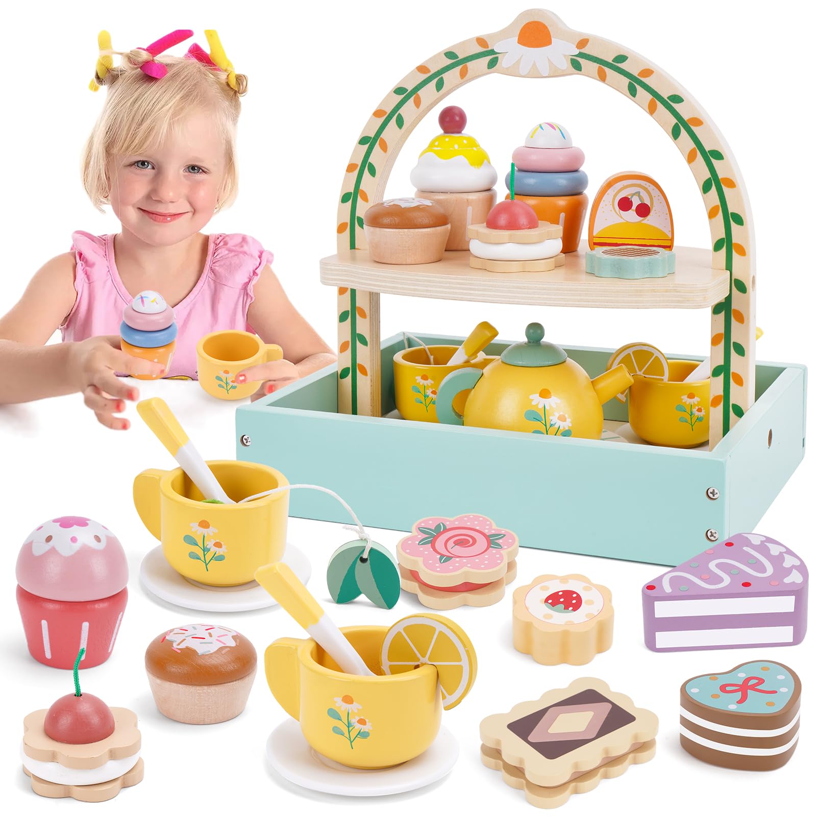 Wooden Tea Party Set for Kids - Pretend Play Tea Set with Cupcake Stand & Play Kitchen Accessories - Montessori Learning Toys for Toddlers Ages 3-6 - Perfect Birthday Gift for Girls (Great for Imaginative Play, Tea Parties & Role-Playing Games)