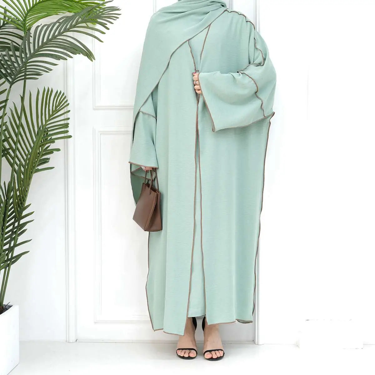 2-Piece Heavy Wrinkle Fabric Open Abaya Dress Set for Women - Modest Muslim Prayer Dress with Long Sleeves - Perfect for Eid, Ramadan & Special Occasions