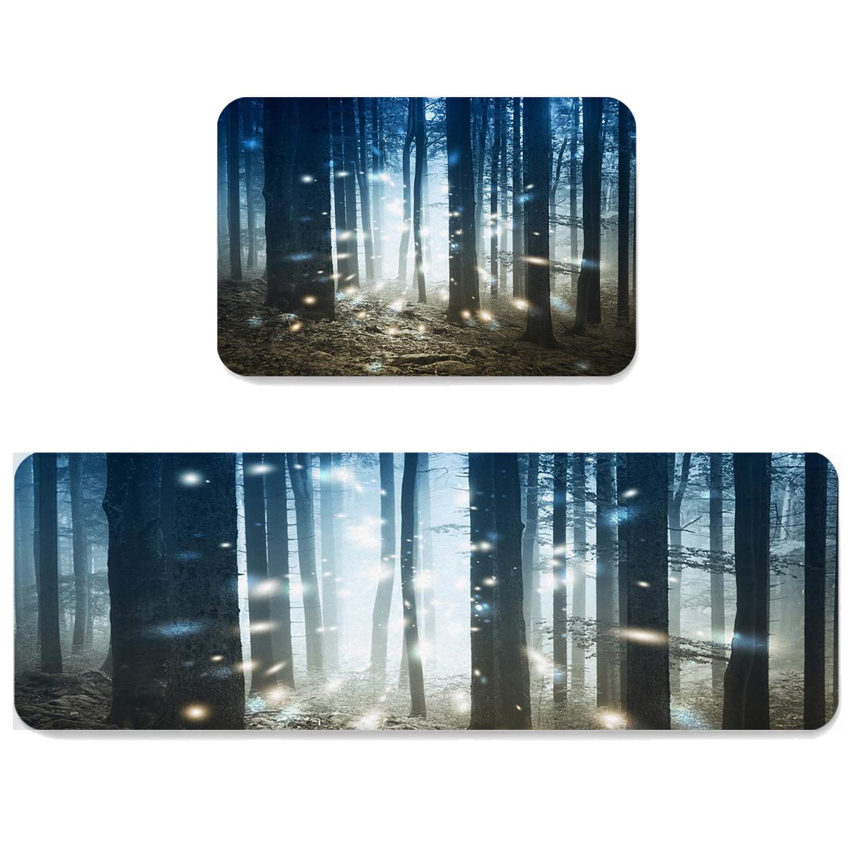2-Piece Non-Slip Kitchen Rug Set with Absorbent Backing - Forest Firefly Magic Design Area Rugs for Bathroom, Entryway & Doormat - Waterproof Floor Mats for Home Decor, Fairy Tale Theme (Perfect for Kitchens, Bathrooms & High-Traffic Areas)