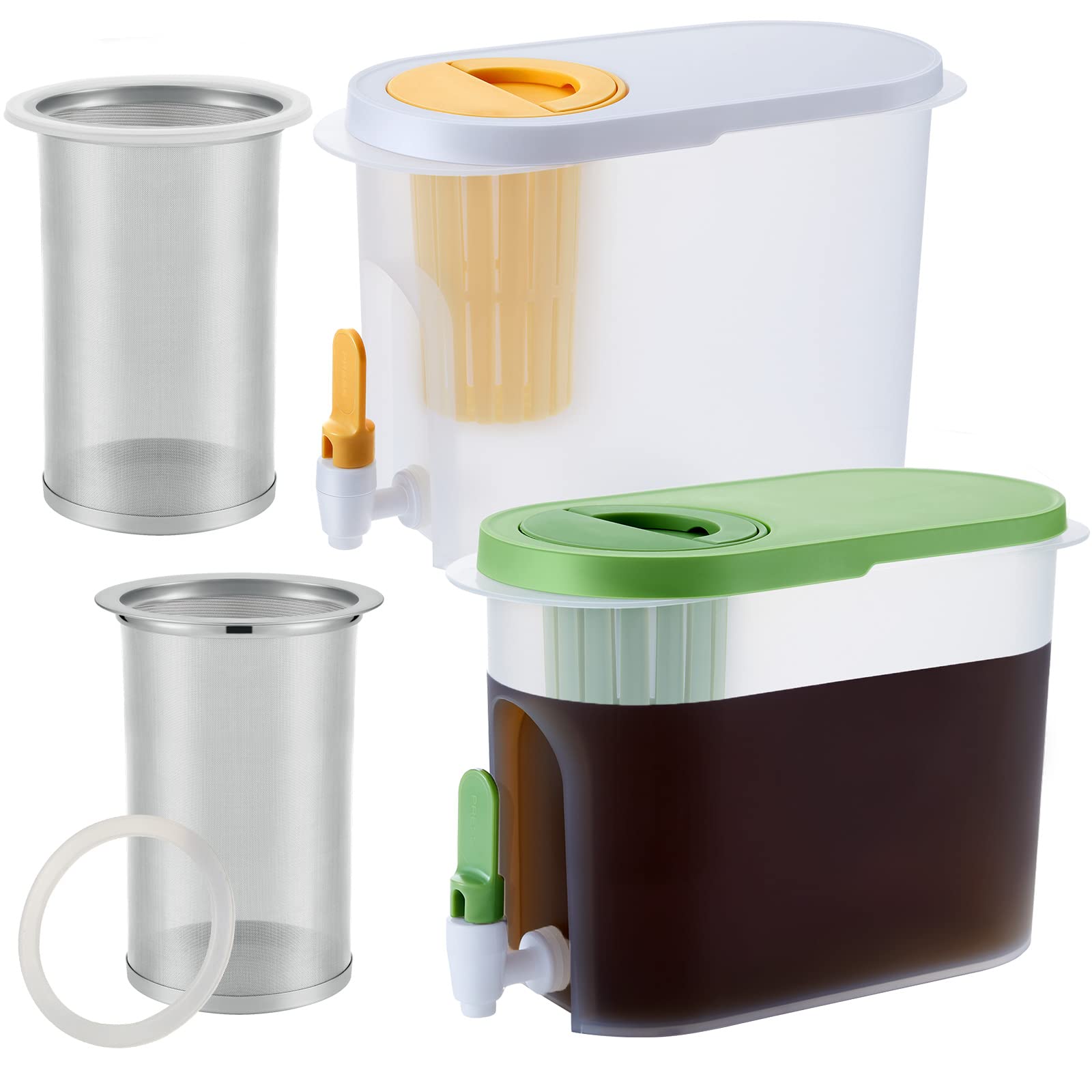 2-Pack 1 Gallon Plastic Cold Brew Coffee Maker with 2 Filter Infusers - Large Beverage Dispenser with Spigot for Iced Coffee, Tea, Juice & Water - Perfect for Parties, BBQs & Home Brewing (Green & Yellow)