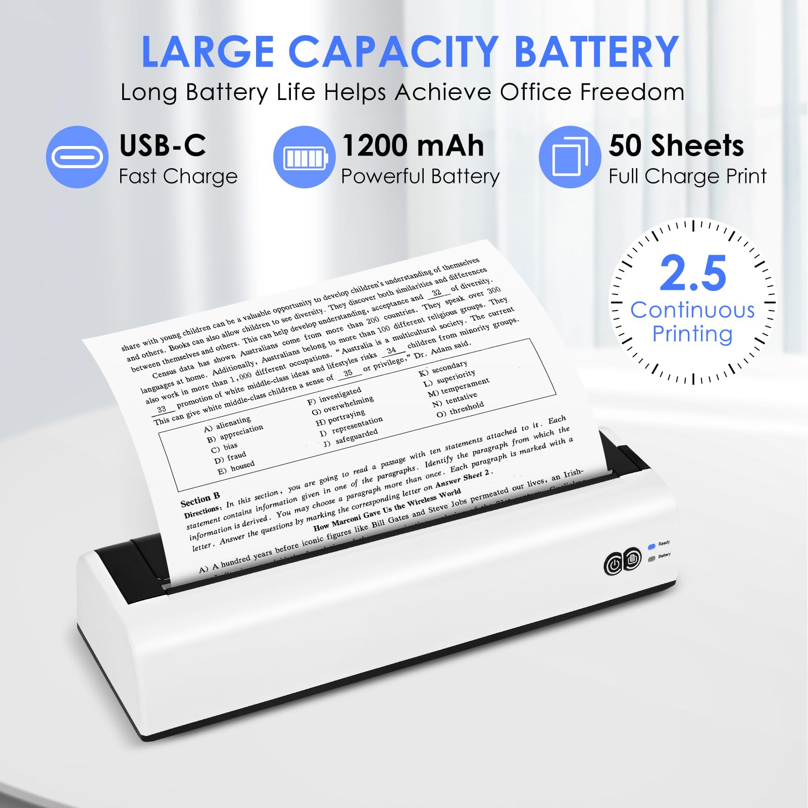 GuKKK A4 Portable Bluetooth Thermal Printer - Compact Mobile Printer for A4 Thermal Paper 210x297mm, Wireless Printing for Android & iOS - Perfect for On-the-Go Receipts, Shipping Labels & Office Documents