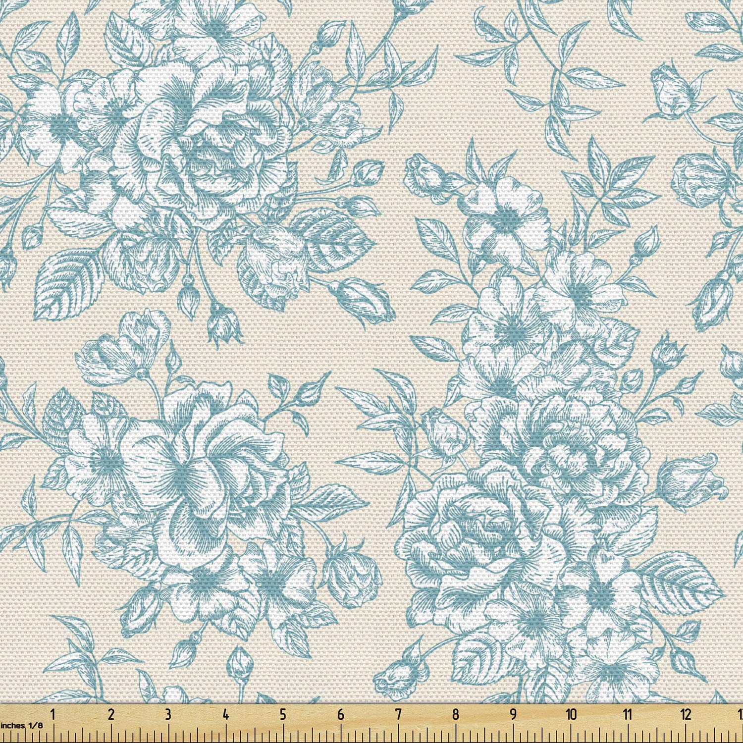 Ambesonne Vintage Fabric by The Yard - Nostalgic Roses Pattern English Garden Romance Upholstery Fabric, 10 Yards Off White Blue - Perfect for DIY Home Decor, Curtains, Pillows & Tablecloths