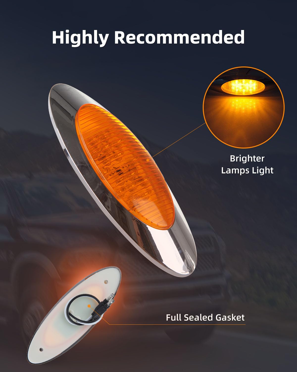 8x6.5 Inch Oval Amber LED Marker Lights with Chrome Bezel - Waterproof Truck Clearance Lights for Peterbilt, Kenworth, Freightliner - Perfect for Semi Trailers, RVs & Heavy Duty Trucks at Night