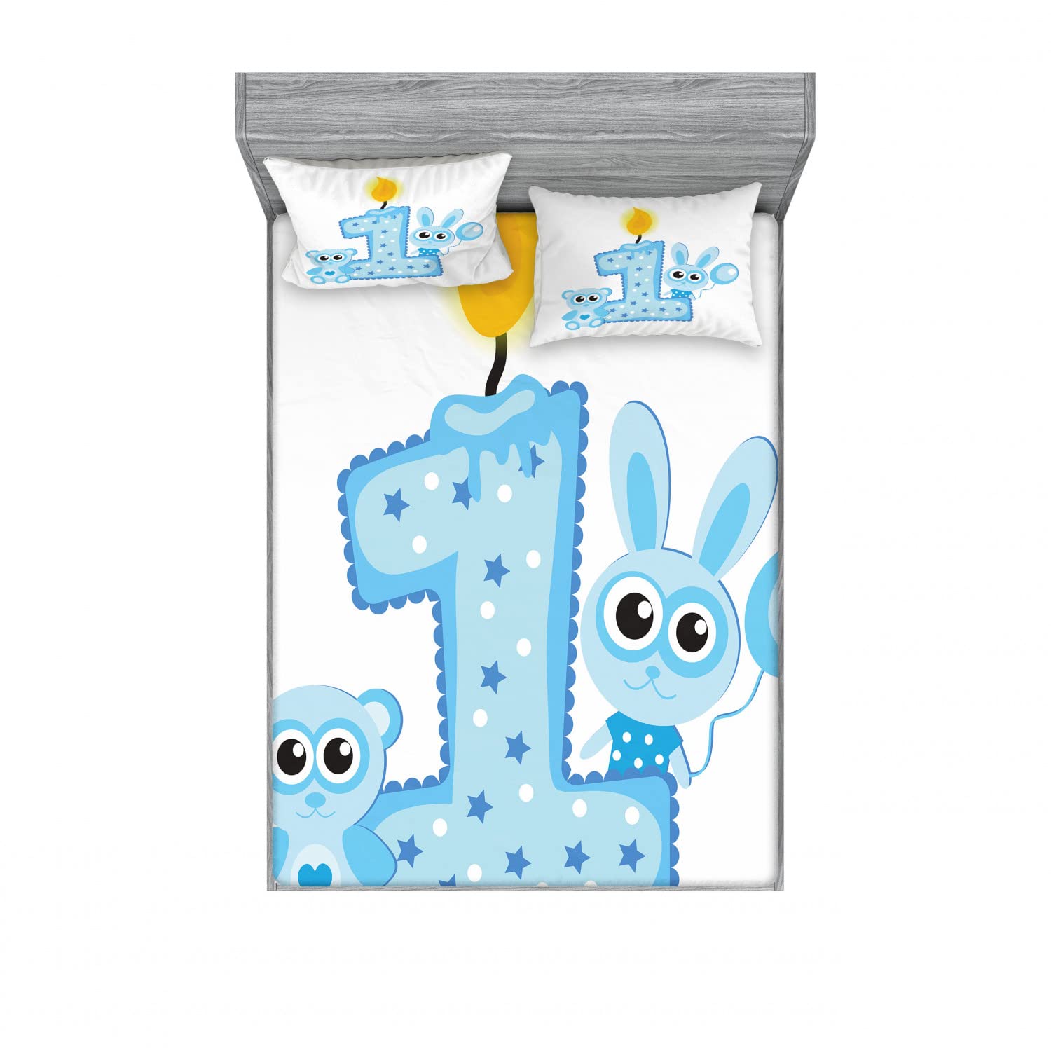 Ambesonne 2-Piece King Size Fitted Sheet & 4 Pillow Sham Set - Birthday Cake & Candle Print Bedding Decor in Pale Blue - Perfect for Birthday Parties, Guest Rooms & Themed Bedroom Decorations