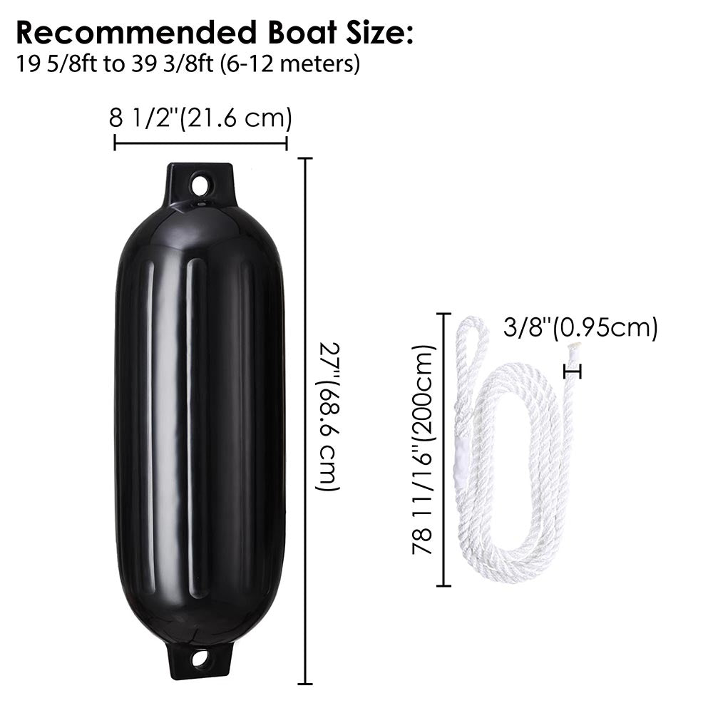 Premium 8x27 Boat Fenders with Twin Eyes - Heavy Duty Marine Dock Bumpers (4 Pack) - Perfect for Yachts, Sailboats, and Docking Protection
