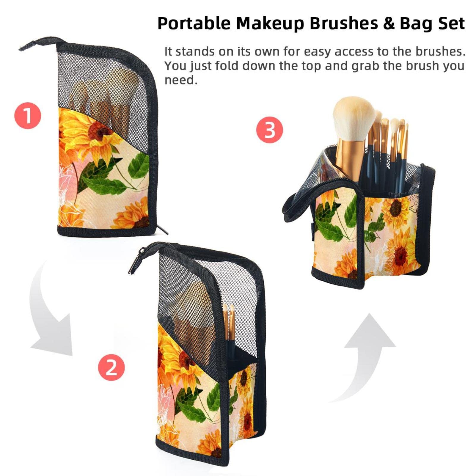 Vintage Leaves Sunflower Makeup Brush Organizer Bag with 12 Slots - Portable Cosmetic Brush Holder Case for Travel, Home & Professional Makeup Artist Use