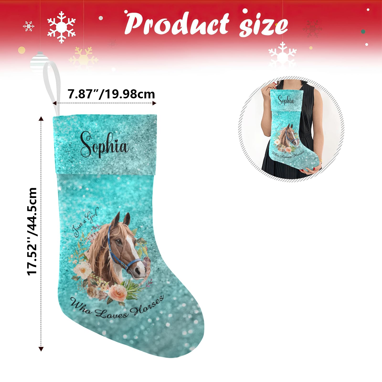 Personalized Christmas Stockings with Name - Horse Lovers Bling Print Holiday Decor for Family - 17.52 x 7.87 Inch Xmas Gift - Perfect for Fireplace Mantel, Holiday Party Favors & Festive Home Decor