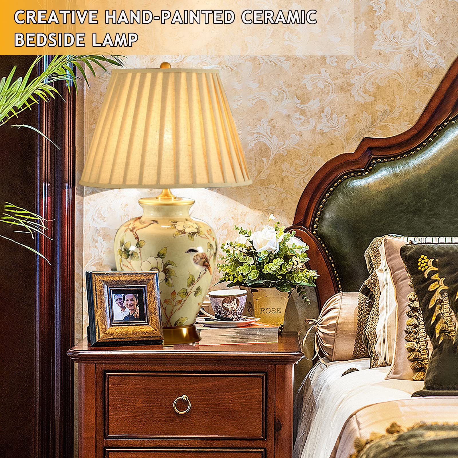 American Flower & Bird Ceramic Table Lamp - Hand-Painted Chinoiserie Design with Fabric Lampshade, LED Bulb Included - Perfect for Bedroom, Living Room, Office, College Dorm & Bookcase Decor - Creates Cozy Ambiance for Reading, Relaxation & Home Decor