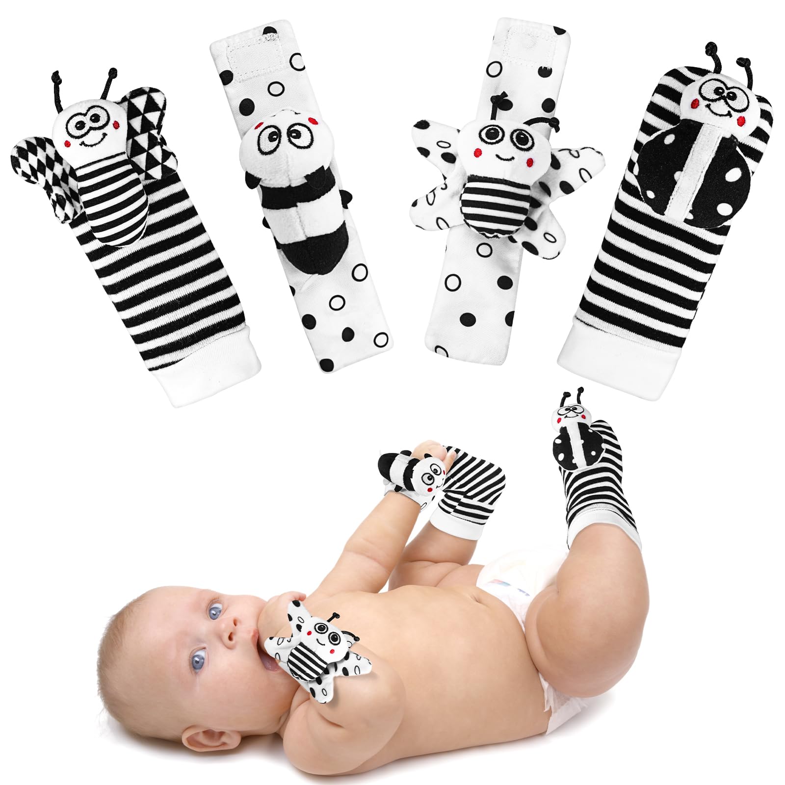 High Contrast Baby Rattle Socks & Wrist Toys 0-12 Months - Black and White Newborn Toys for Brain Development (0-6 Months) - Perfect Infant Sensory Toys for Baby Boys & Girls - Ideal for Tummy Time, Early Learning & Baby Shower Gifts
