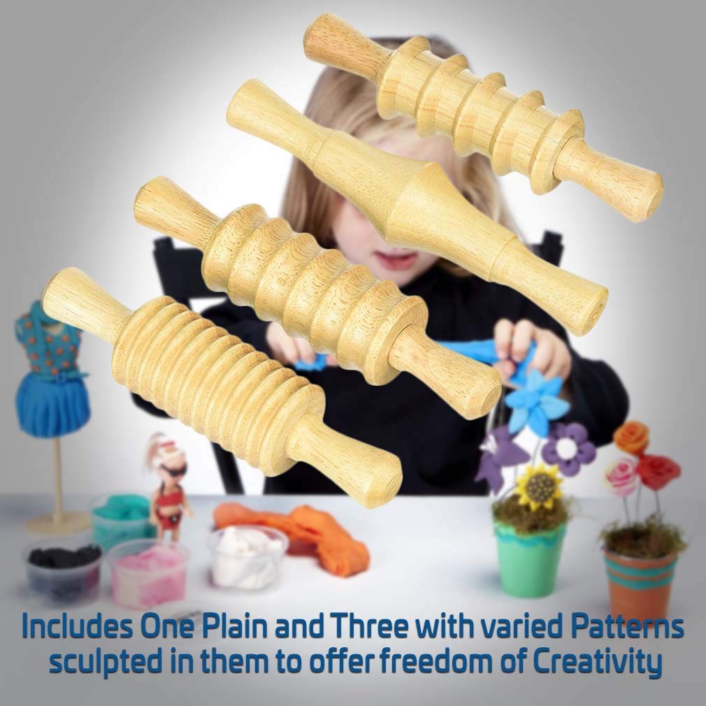 Wooden Corrugated Rolling Pin Set for Clay & Dough - 8.25