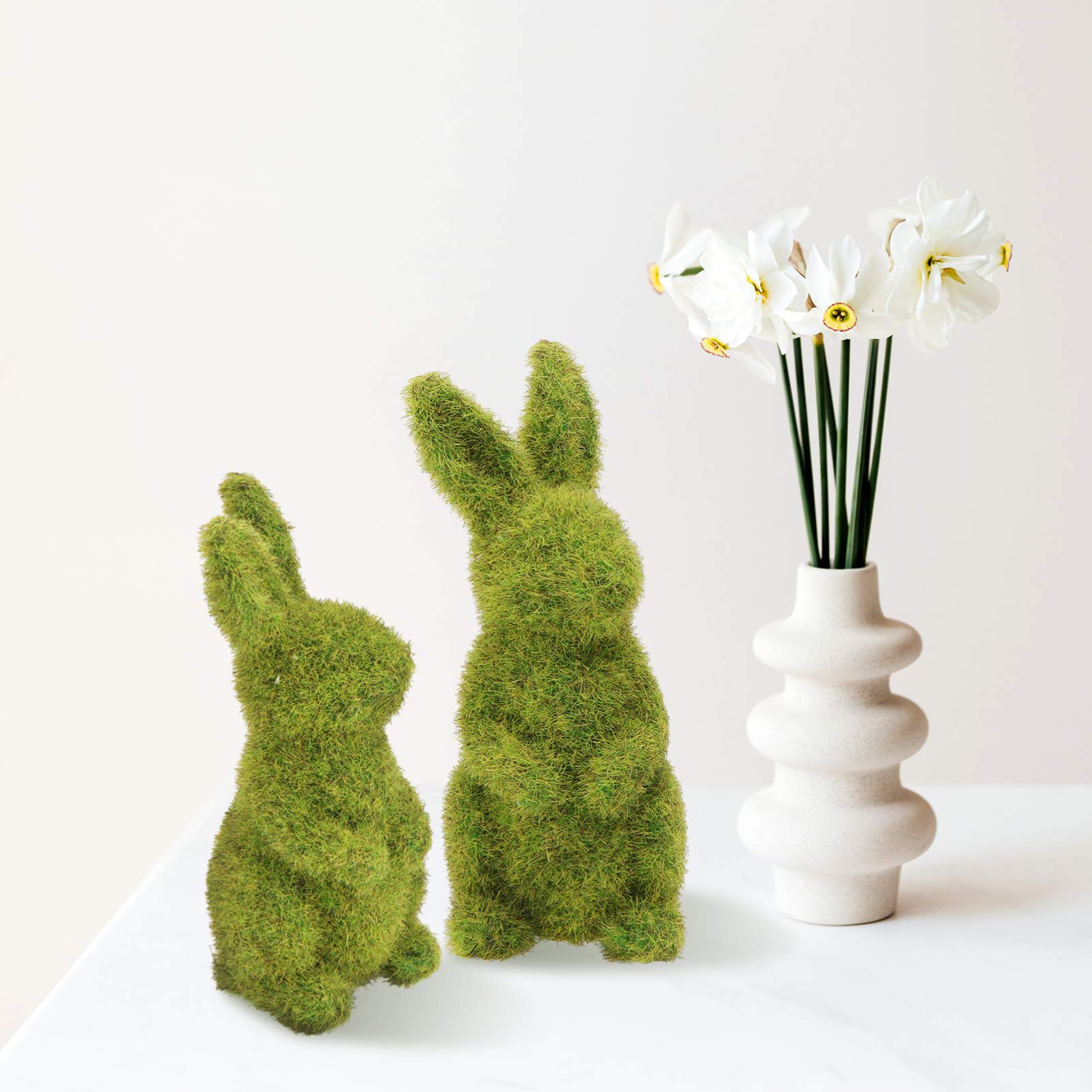 Happyyami Flocking Rabbit Decorations 2pcs - Moss Bunny Easter Garden Ornaments for Spring Home Decor, Easter Basket Fillers, and Outdoor Garden Decorations