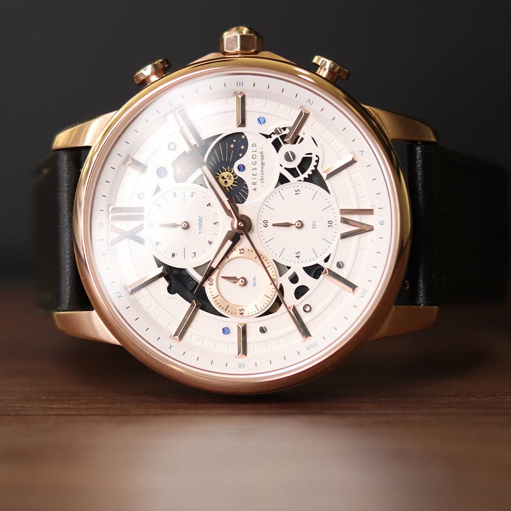 ARIES GOLD BELFAST Moon G 7013 RG Men's Leather Strap Watch - Luxury Chronograph for Business, Casual & Formal Occasions