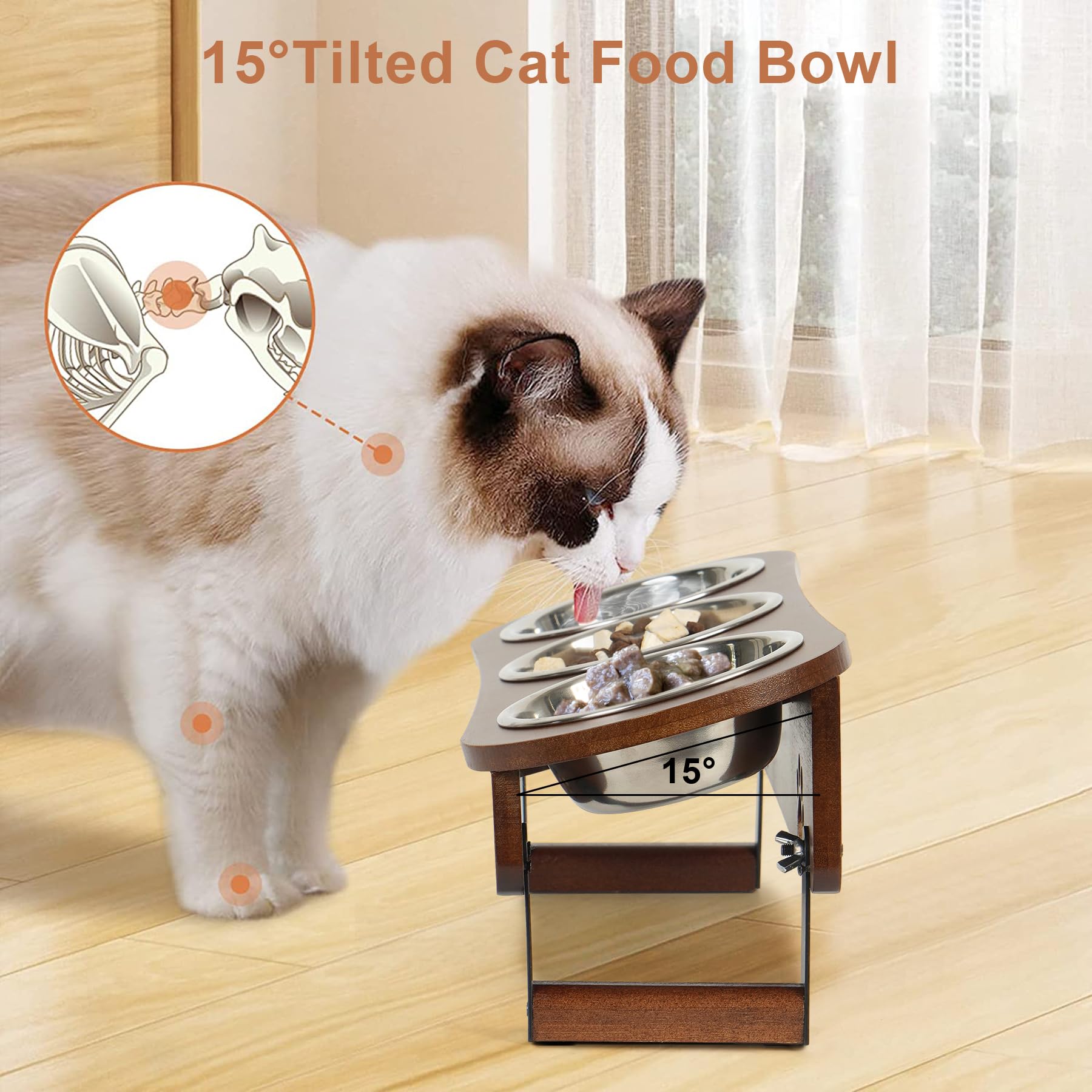 **Elevated Cat Food Bowls - 2 Height Adjustable Raised Pet Bowls for Cats & Small Dogs, Tilted Feeder Stand with 3 Bowls - Perfect for Senior Pets & Digestion Support**    *(Use Cases: Ideal for older cats/dogs, pets with arthritis, or digestive issues; helps reduce neck strain and promotes comfortable feeding.)*