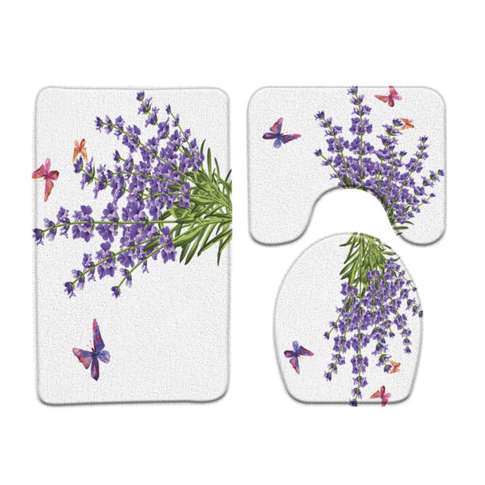 3-Piece Purple Floral Bath Mat Set - Non-Slip Bathroom Rug, Bathtub Mat & Toilet Mat (450mm x 750mm) - Soft & Absorbent for Bathroom, Shower & Vanity Area