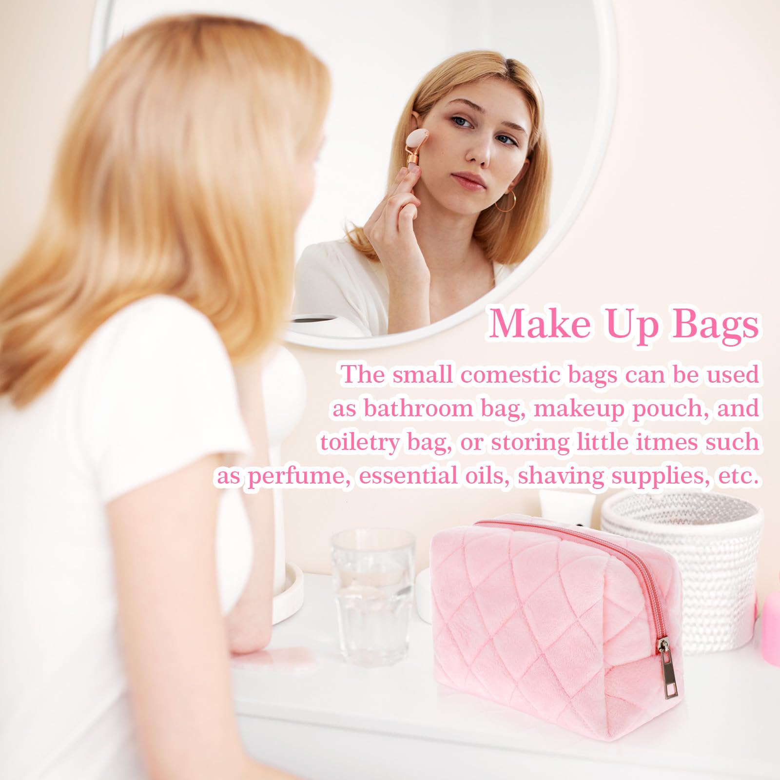 Pink Y2K Checkered Cosmetic Travel Bag for Women - Small Fluffy Makeup Pouch, Cute Trendy Skincare & Toiletry Organizer | Perfect for Travel, Gym, and Daily Makeup Storage