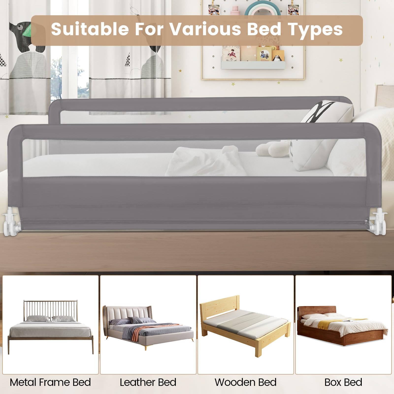 HONEY JOY 71-inch Extra Long Toddler Bed Rail - Portable Safety Bed Guardrail with Double Child Lock, Foldable Baby Bed Rail for King, Queen, Full & Twin Size Mattresses (Gray, 2 Pack) - Perfect for Travel, Home & Childcare Safety