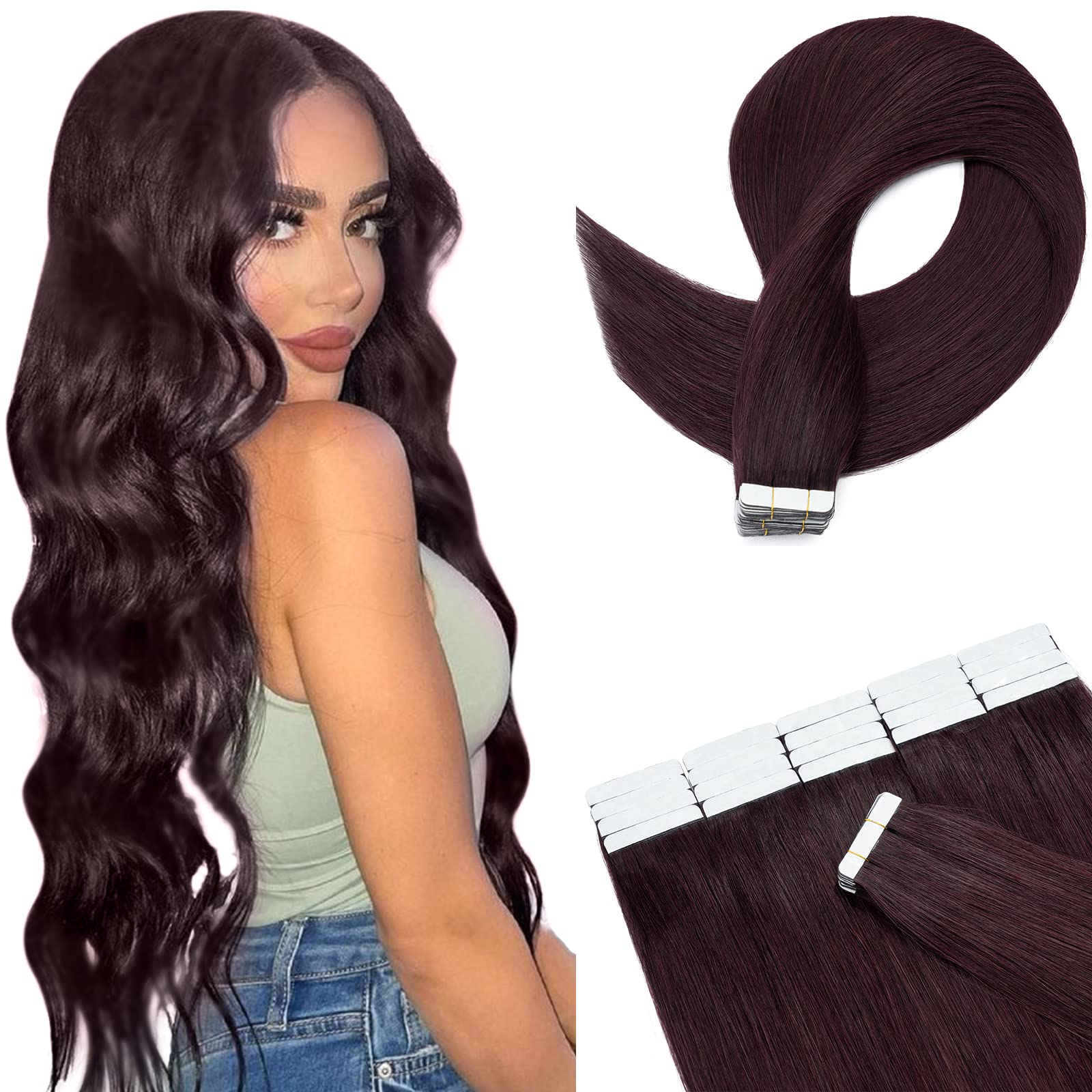 Premium 20 Inch Tape-In Human Hair Extensions – 30g 20pcs #99J Wine Red – Remy Hair, Seamless & Invisible for Natural Look – Perfect for Parties, Weddings & Daily Styling