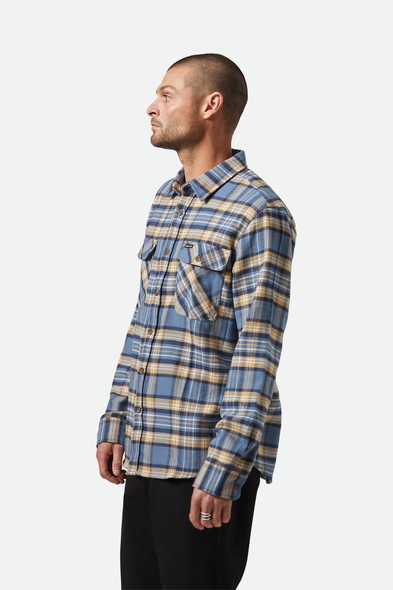 Bowery Long Sleeve Flannel Shirt for Men - Azure Blue, Washed Navy & Sand Plaid - Comfortable Casual Wear for Fall & Winter Outdoor Activities