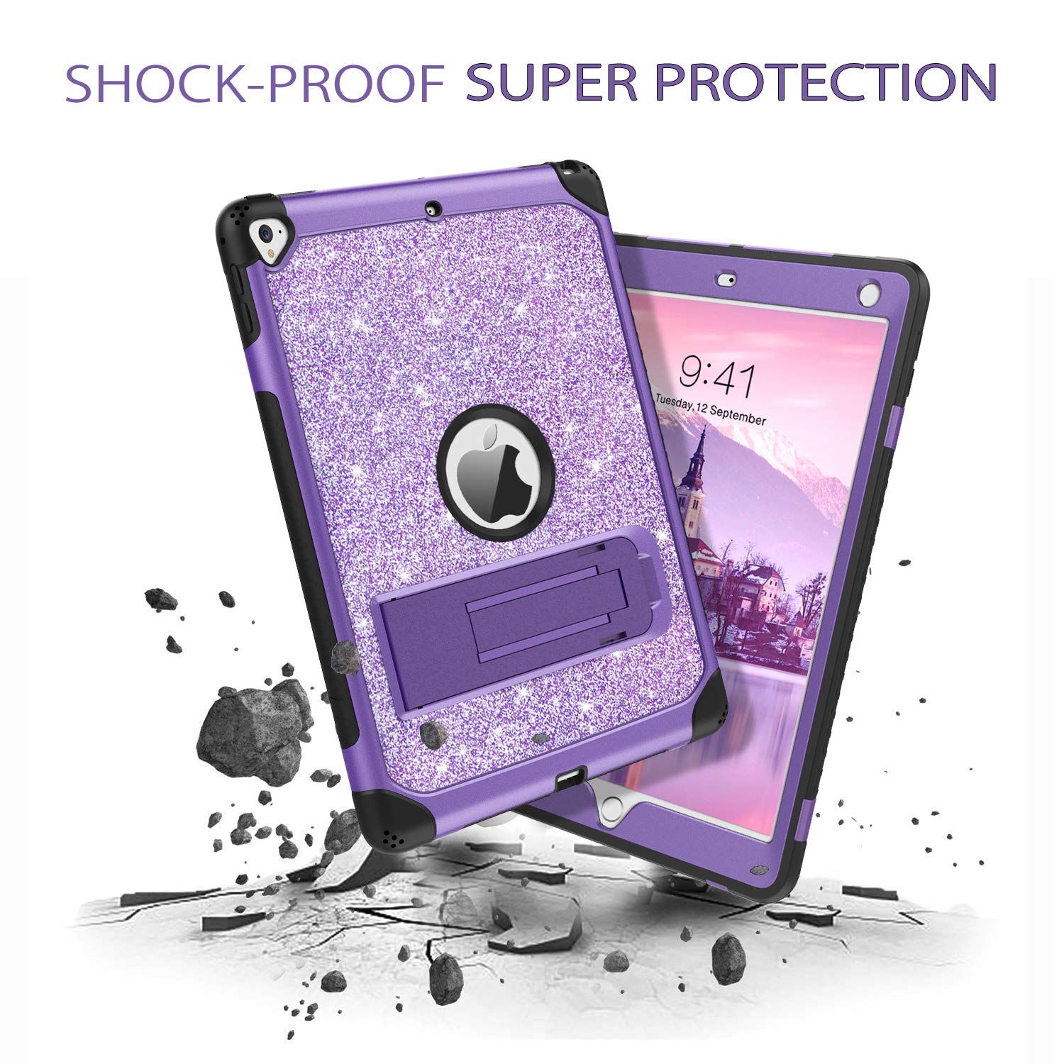 DUEDUE iPad 9.7 Case (2017/2018) & iPad Air 2 Case - 6th/5th Gen Protective Cover with Kickstand | Shockproof Glitter Bling Hard PC Shell | Perfect for iPad Pro 9.7 - Purple | Ideal for School, Work & Travel Protection