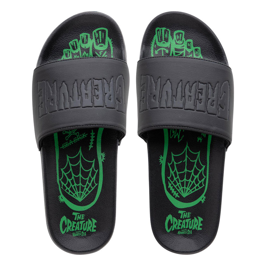Creature Haunted Sea Slides - Black Horror Themed Sandals for Halloween Costume & Cosplay - Perfect for Beach Parties, Themed Events & Horror Fans