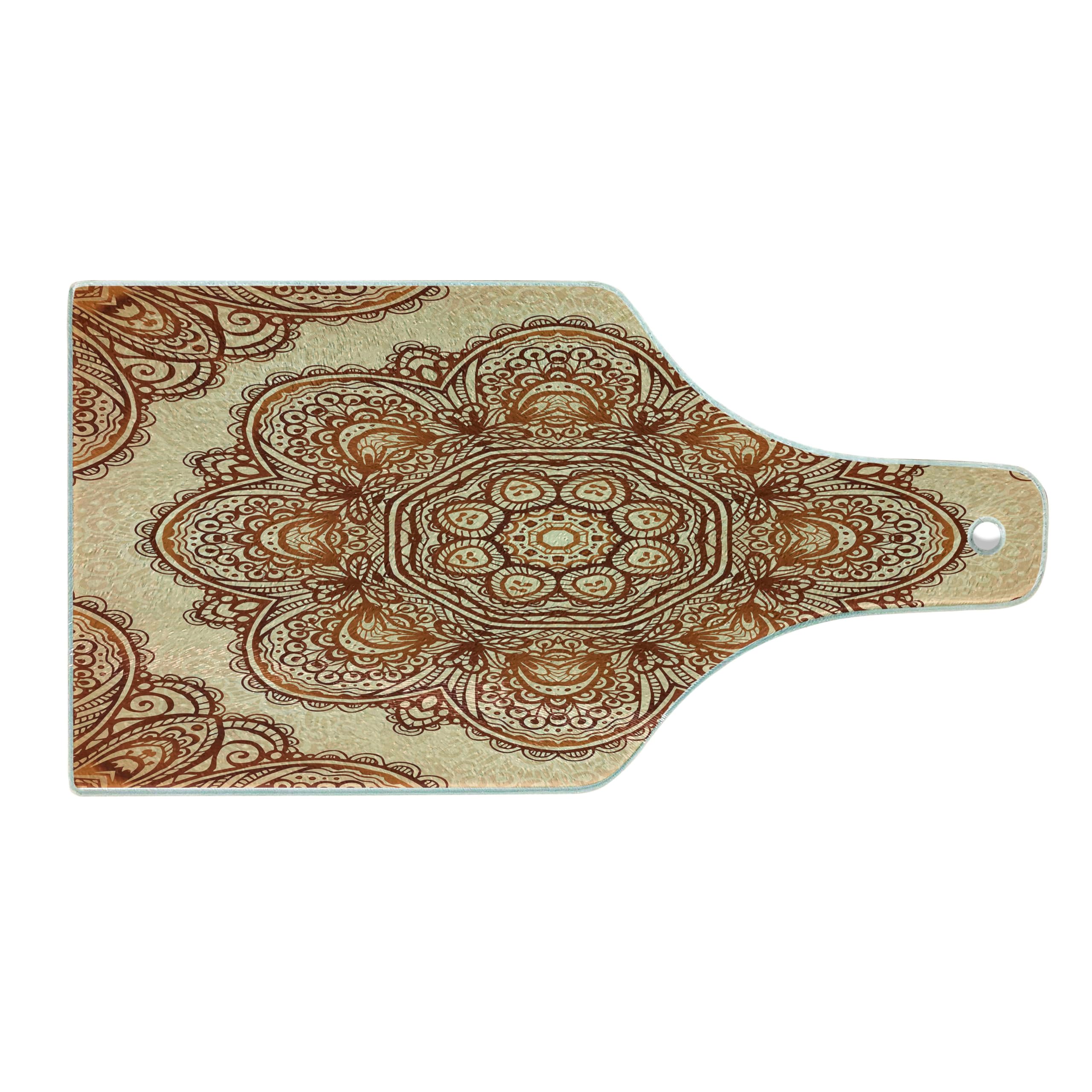 Ambesonne Ethnic Mandala Floral Cutting Board - Tempered Glass Wine Bottle Shape for Serving & Decor - Dark Brown & Pale Brown Abstract Paisley Design - Perfect for Cheese Platters, Charcuterie Boards & Kitchen Decor