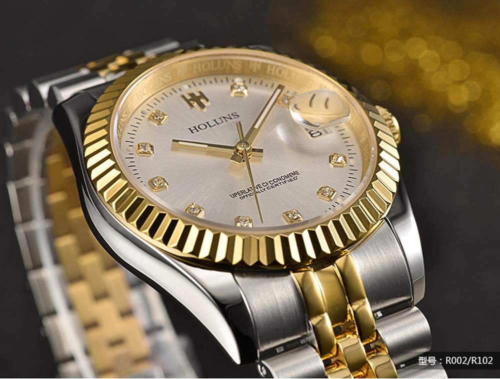 Luxury Men's Automatic Mechanical Watch - 18K Gold Plated Stainless Steel, Self-Winding, Sapphire Crystal Glass, Waterproof Dress Watch for Business & Formal Occasions