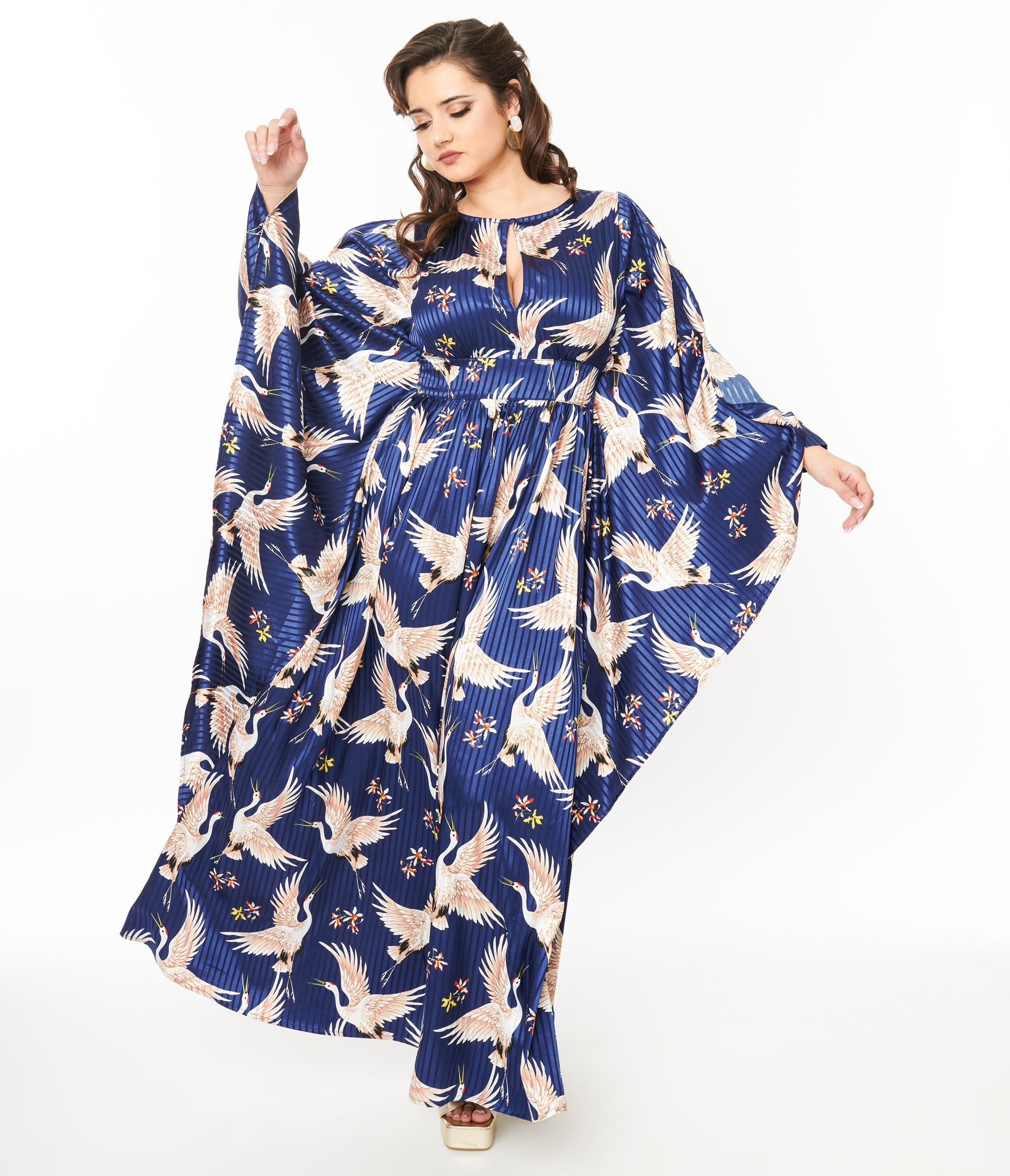 Vintage 1960s Navy Blue Crane Print Flutter Sleeve Caftan Dress - Retro Boho Beach Cover Up & Summer Party Wear