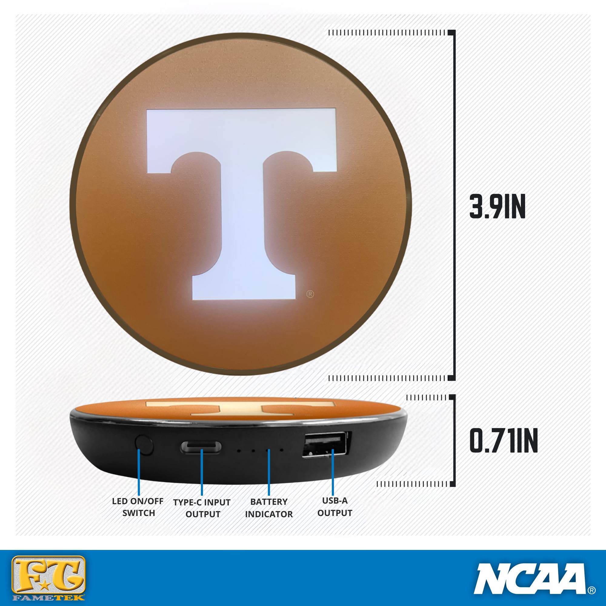 University of Tennessee Wireless Charger with LED Volunteers Logo - Portable Power Bank for iPhone & Android | NCAA Gifts for Students & Fans | Perfect for Travel, Office & Game Day