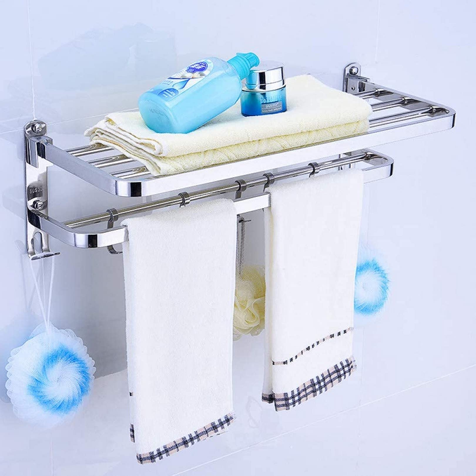 Stainless Steel Folding Bath Towel Rack - Wall Mounted & Space Saving Bathroom Organizer for Towels, Robes & Toiletries - Perfect for Small Bathrooms, Apartments & RVs