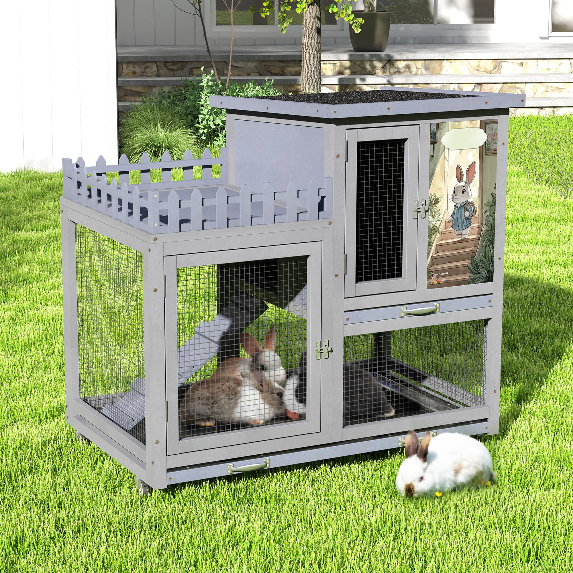 Premium Wooden Rabbit Hutch with Balcony - Indoor/Outdoor Bunny Cage on Wheels for Small Pets, Includes Ramp, Pull-Out Tray & Water Bottle (Grey Pattern) - Perfect for Backyard, Patio or Home Decor