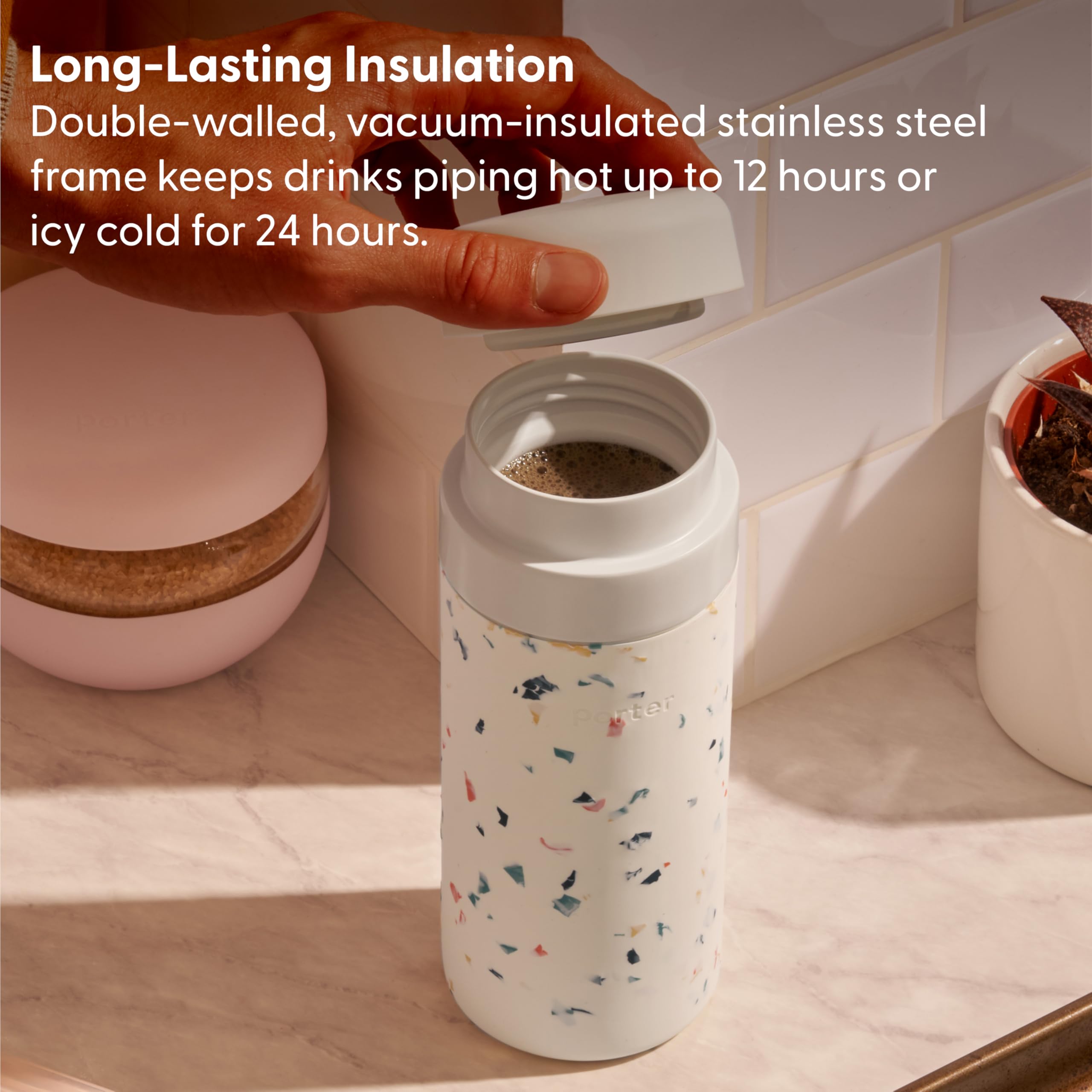 W&P Porter Insulated Water Bottle 16 oz - Ceramic Coated Vacuum Flask for Coffee, Tea & Hot/Cold Drinks | Leakproof Wide Mouth Stainless Steel Thermos | Dishwasher Safe Cream Color | Perfect for Hiking, Office & Travel