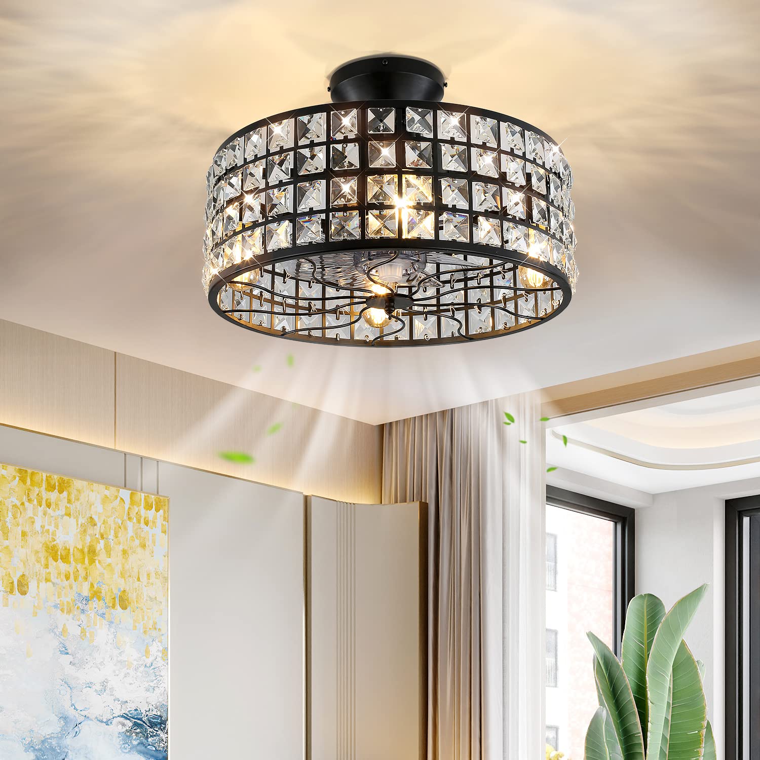 OBCGT 18 Inch Industrial Ceiling Fan with Lights & Remote Control - 8 Blade Crystal Ceiling Fan with LED Light, Bladeless Design in Black - Perfect for Living Room, Dining Room, Bedroom & Kitchen