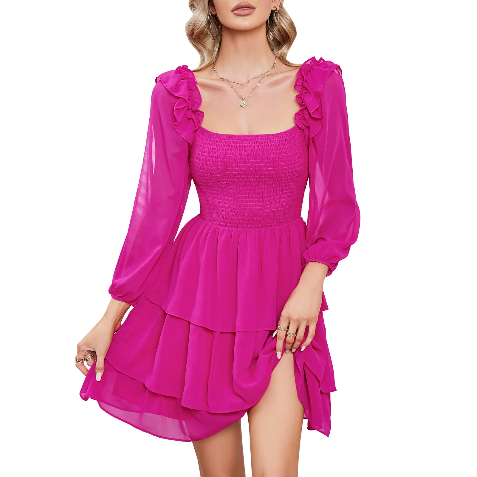 Byinns Women's Smocked Ruffle Mini Dress - Square Neck Long Sleeve Cottagecore Party Dress for Wedding Guest, Date Night, Garden Party & Special Occasions