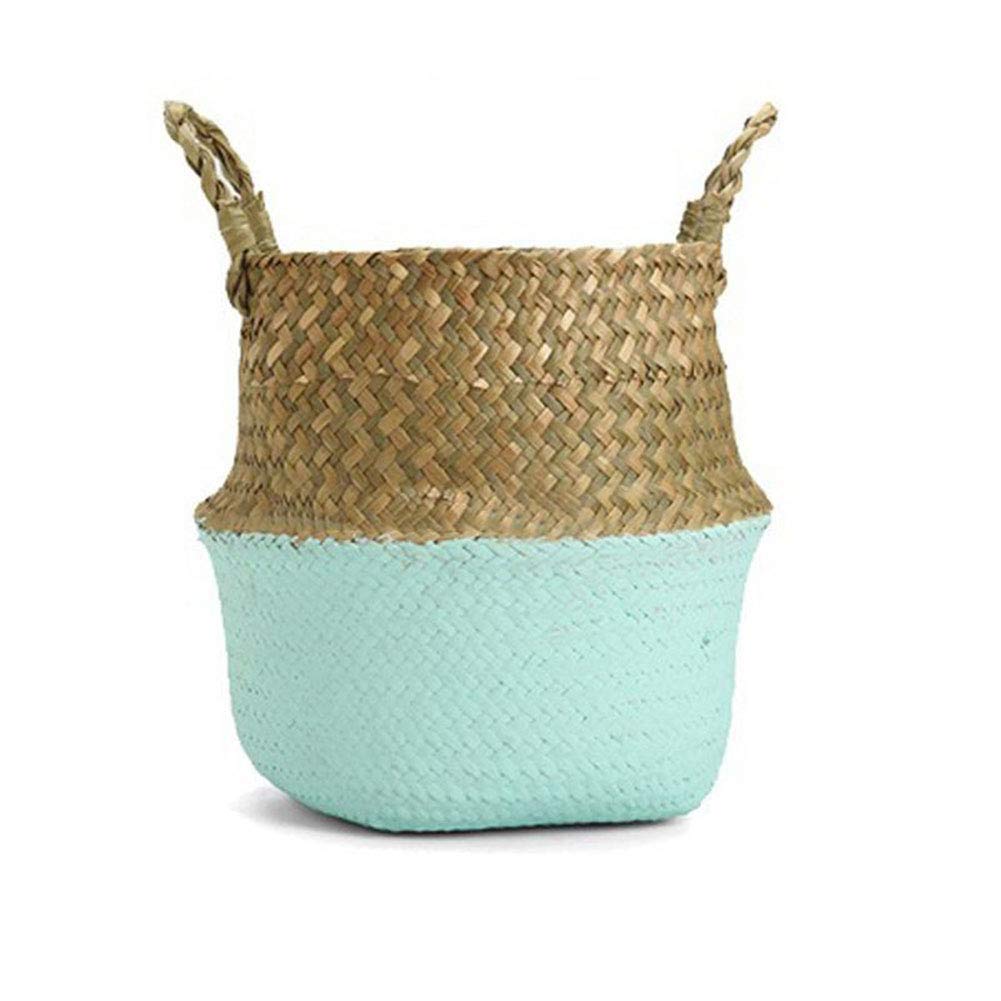 Natural Seagrass Woven Flower Pot Basket with Handle - Foldable Handmade Plant Pot for Indoor/Outdoor Plants, Storage, Picnic, Courtyard, Garden & Office Decor | Perfect for Home, Patio and Gift Giving