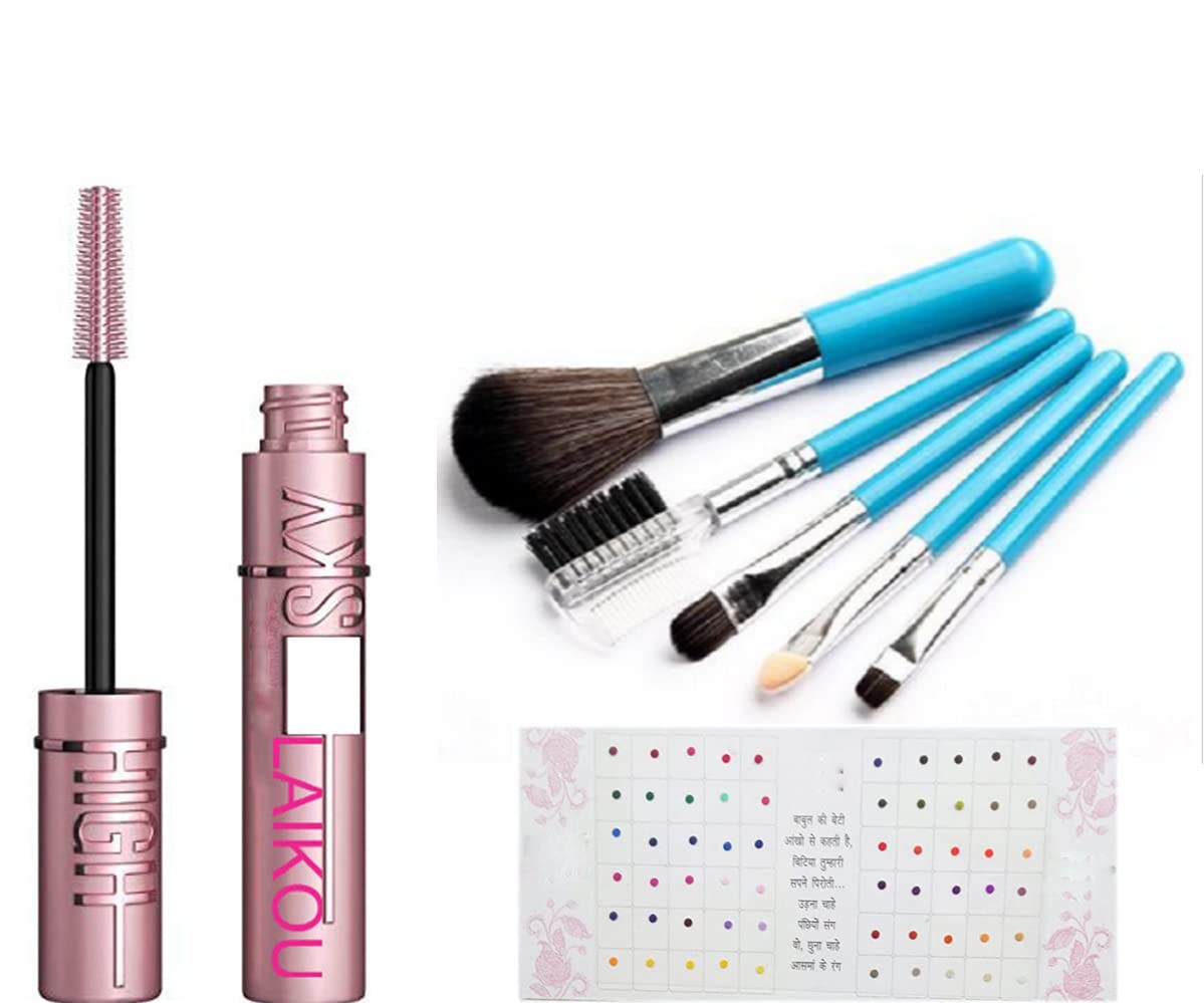 Professional Natural Look Sky High Volume Up Mascara & Makeup Brush Mini Set (Sky-Blue) - Foundation, Concealer, Compact All-in-One Combo for Daily Makeup & Special Occasions (Pack of 7)