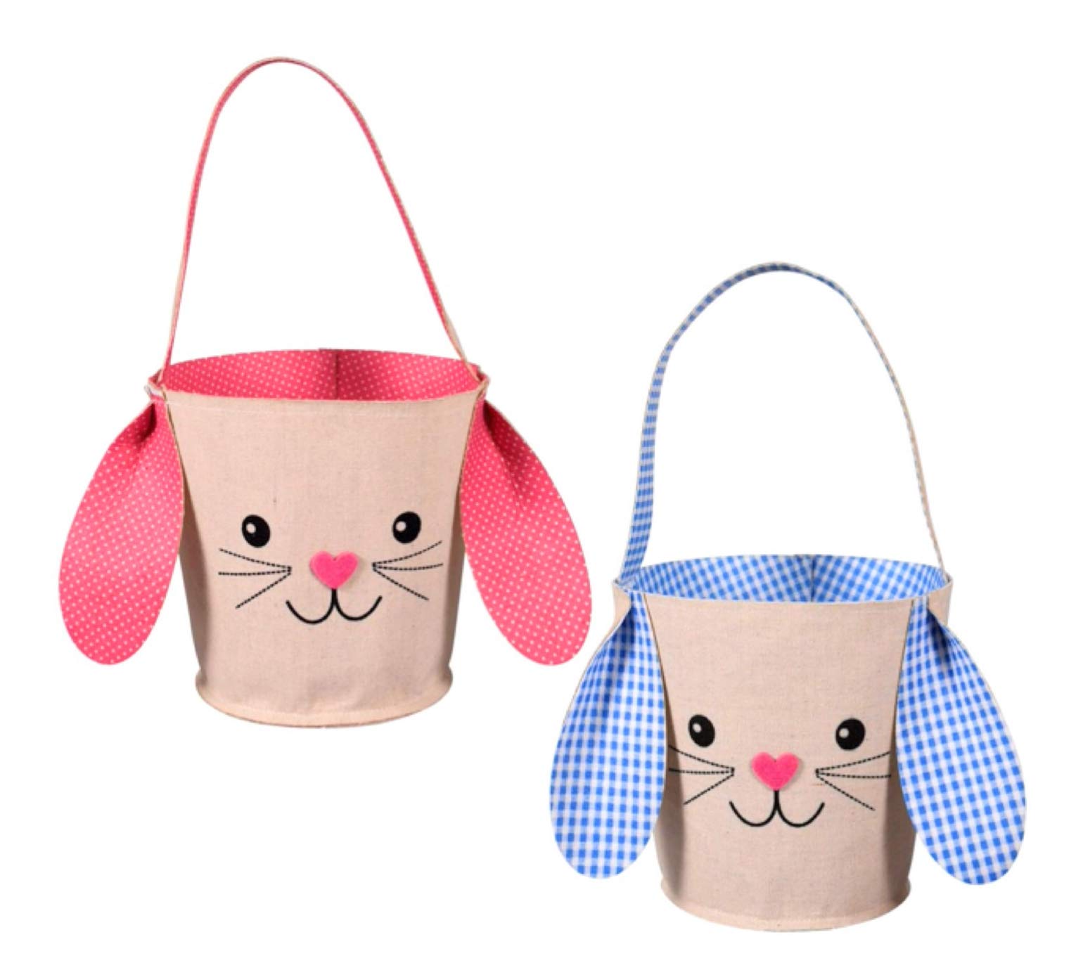 Easter Bunny Baskets for Two - Pink & Blue Soft Canvas Tote Bag Bucket with Gingham Accents | Perfect for Egg Hunts, Candy Storage, Kids Easter Gifts & Spring Festivals | Great for Easter Decorations, Party Favors & Children's Activities