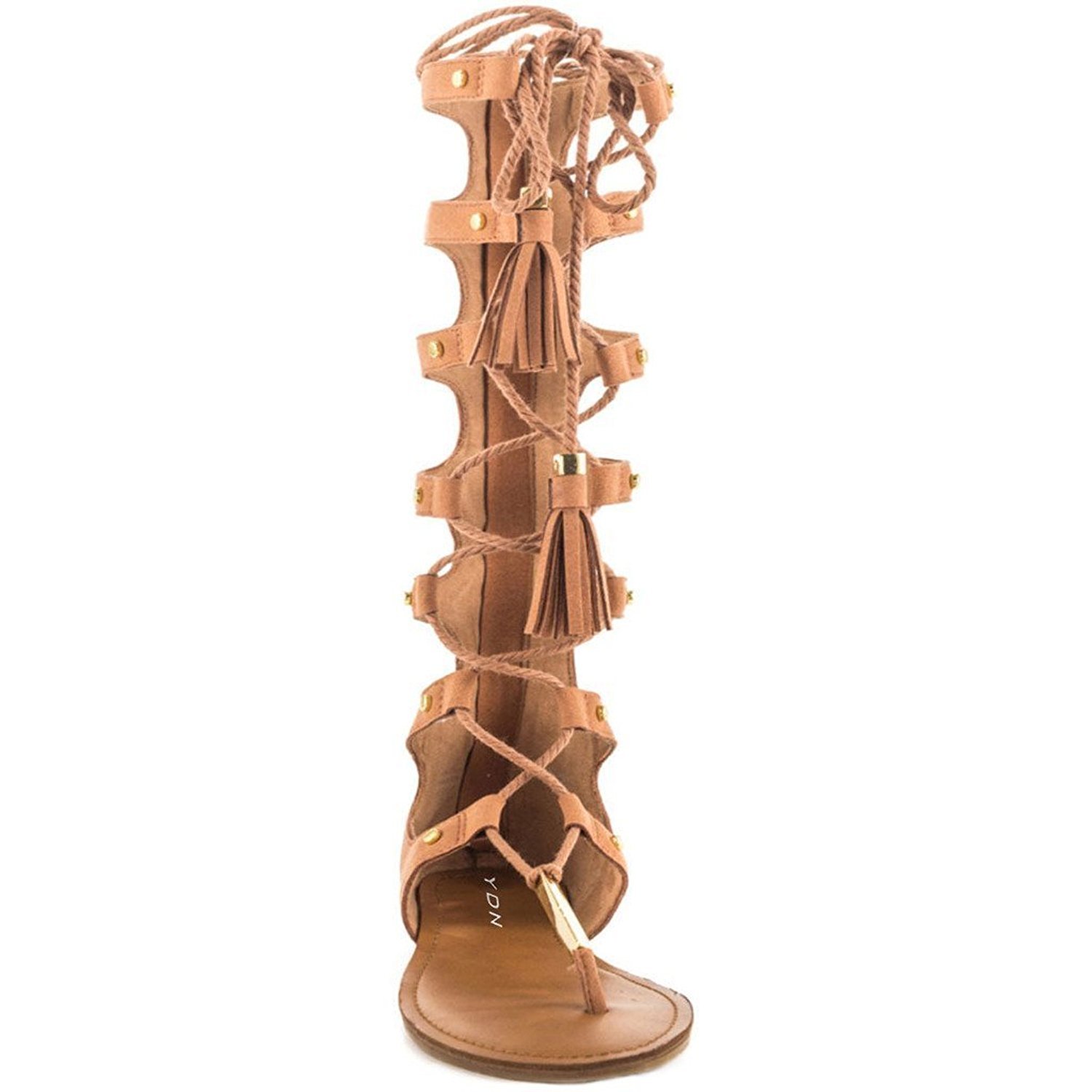 YDN Women's Fashion Lace-Up Gladiator Knee High Sandals - Strappy Thong Design with Low Heel & Fringe Back Zip | Perfect for Summer Outfits, Parties & Boho Chic Style