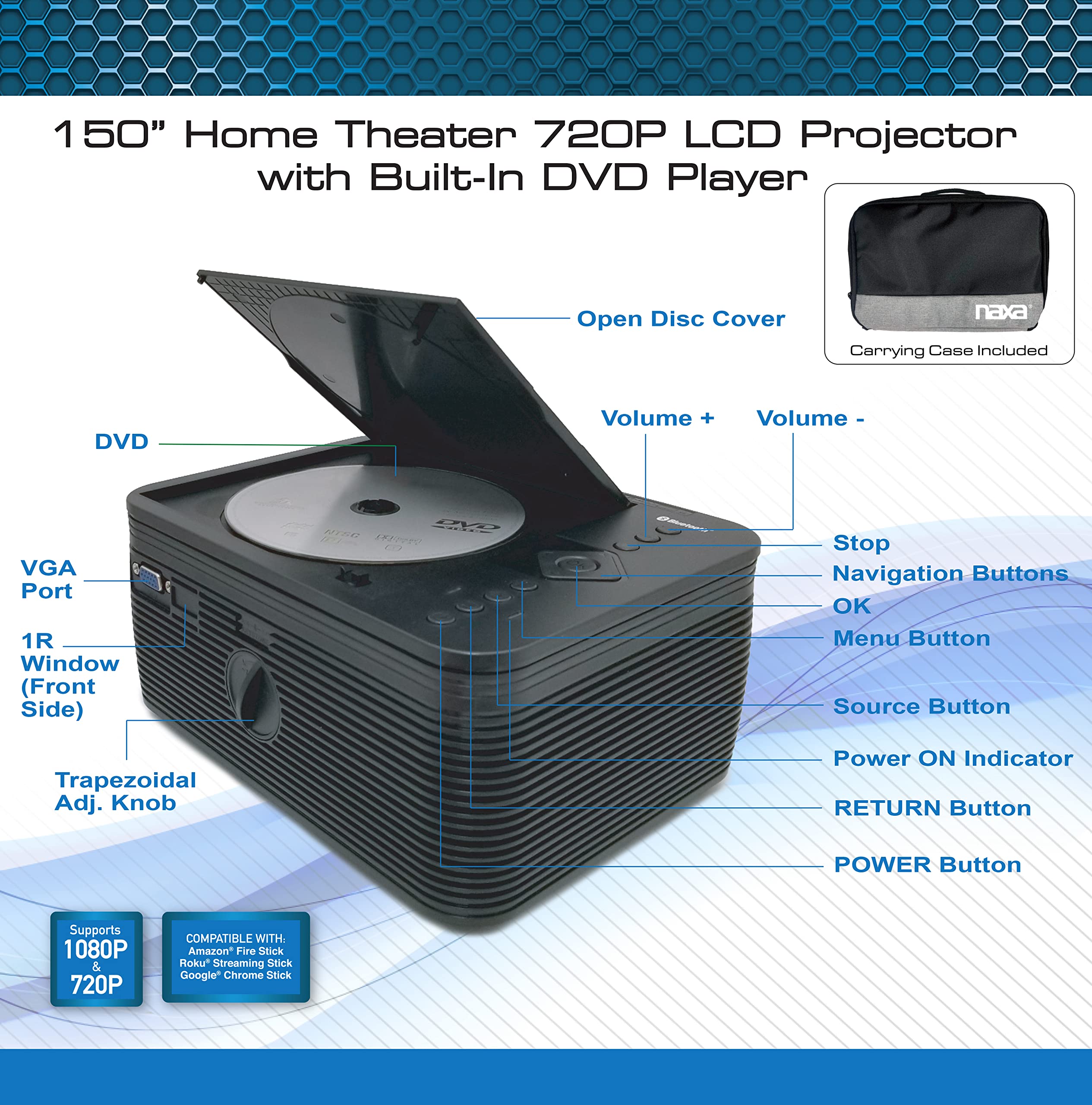 Naxa NVP-2502C 150-inch LCD Projector with Built-in DVD Player - Home Theater & Gaming Projector with Bluetooth, Dual HDMI, USB, MicroSD, VGA - Includes Remote & Carry Case - Perfect for Movies, Gaming & Presentations (Black)