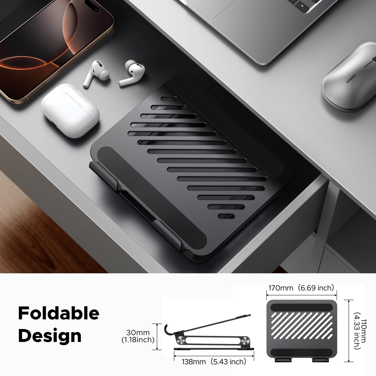 UGREEN Aluminum Tablet Stand Holder - Adjustable Foldable Desktop Dock Riser for iPad Pro 12.9/10.5/9.7, iPad Air, iPad Mini, Surface Pro, Galaxy Tab - Perfect for Office, Home & Travel (Black)