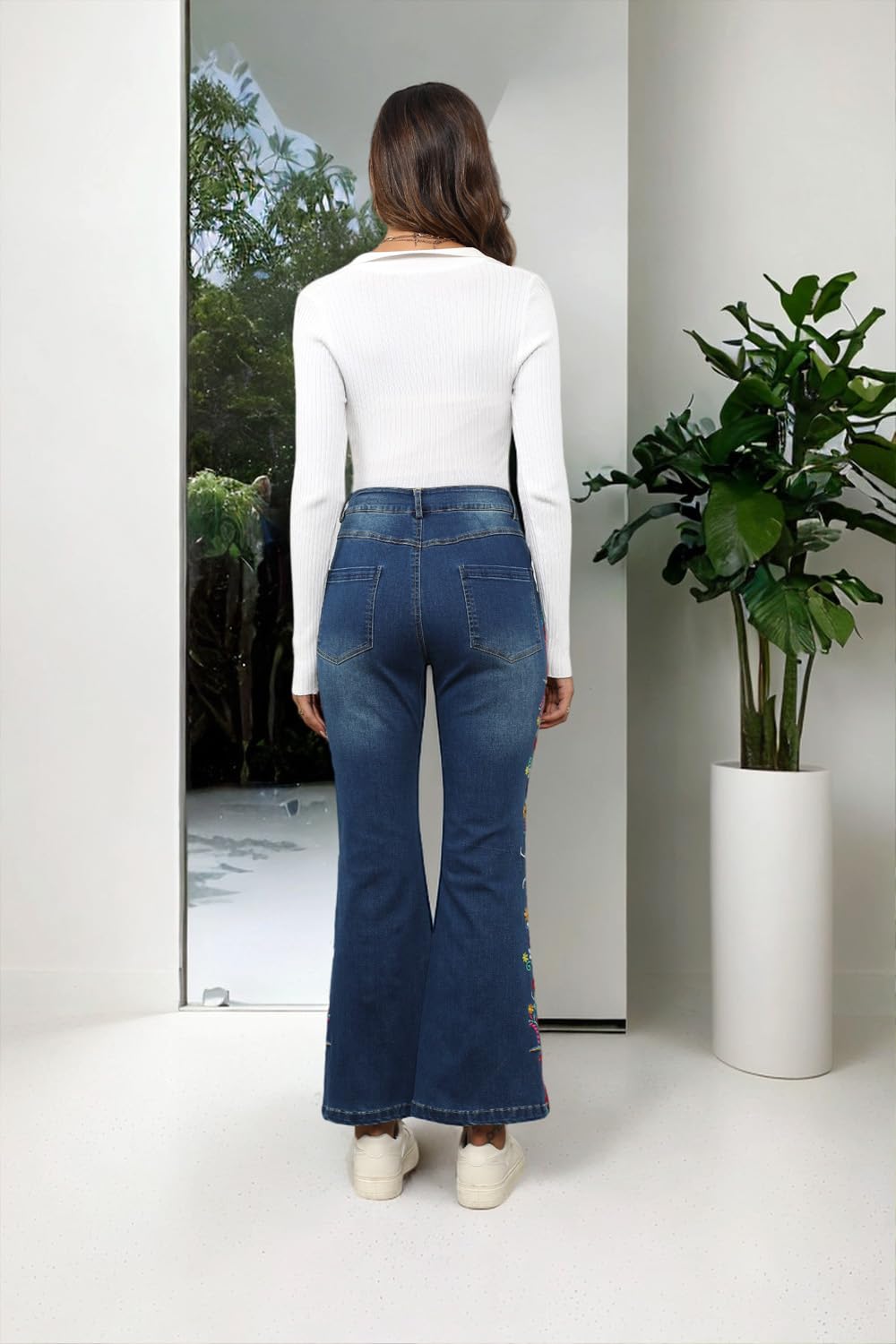 Trendy High Rise AK Flare Jeans for Women - Embroidered Denim with Pockets & Tummy Control for Casual Wear