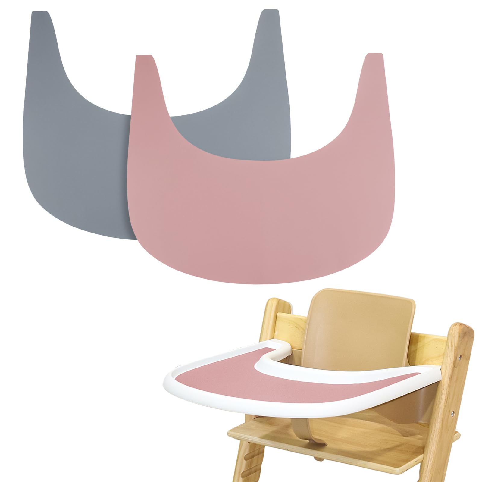 Non-Slip Silicone High Chair Placemat Set of 2 - Hygienic Baby Feeding Tray Cover for Stokke Tripp Trapp & Other High Chairs (Grey/Pink) | Easy Clean, BPA-Free for Messy Mealtime & Toddler Dining