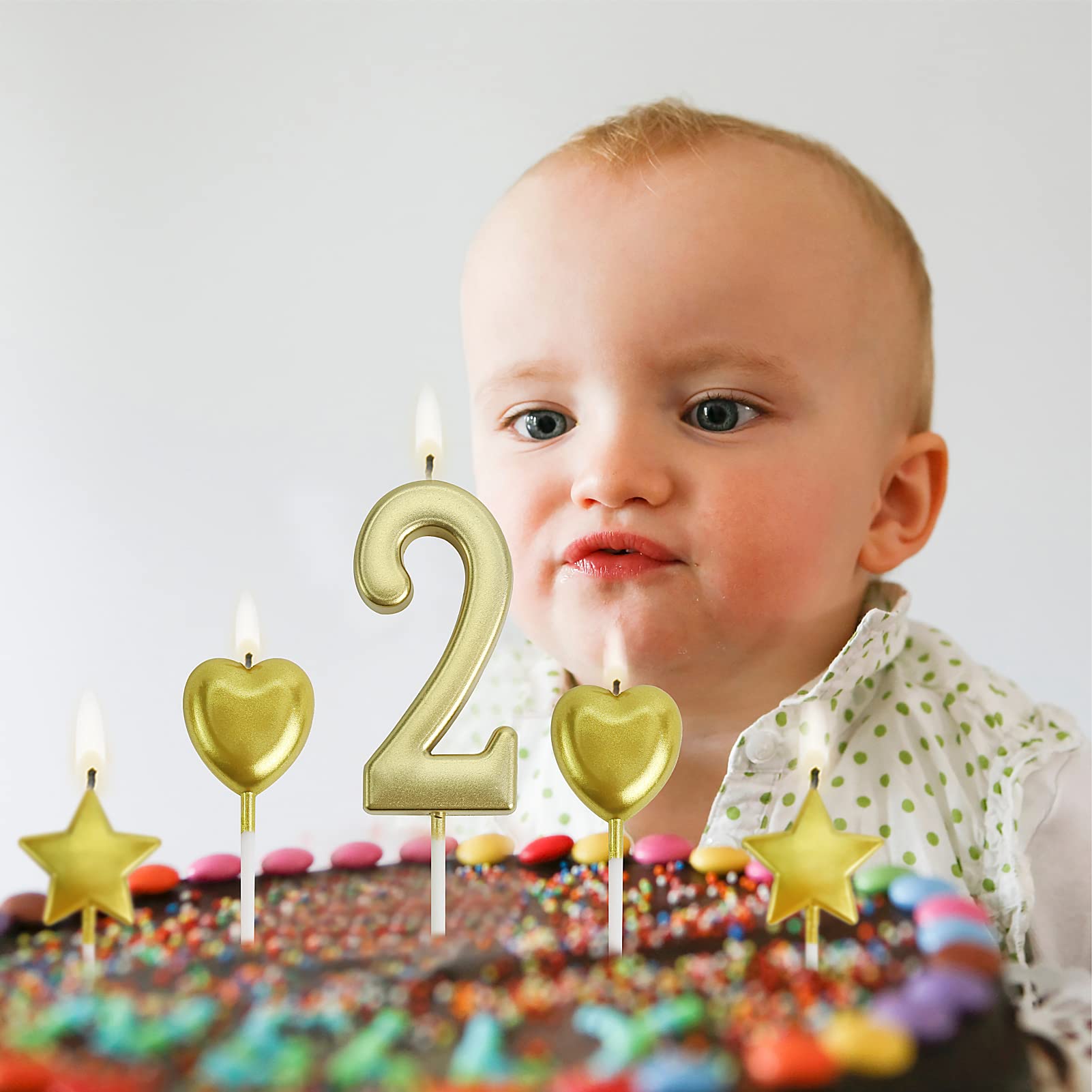 Gold 4th Birthday Candles with Star & Heart Toppers for Cake Decoration - Party, Kids, Adults