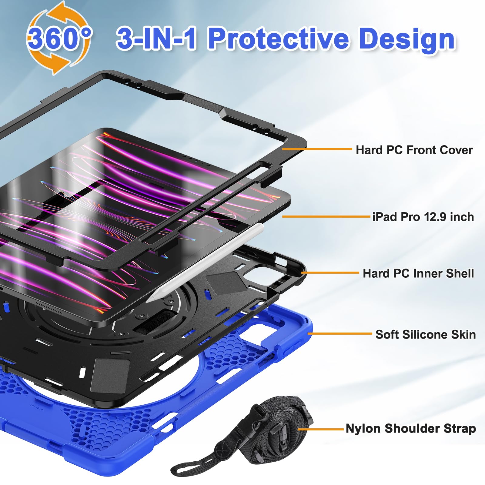 BRAECN Shockproof Protective Case for Apple iPad Air 13 inch & iPad Pro 12.9 inch (6th/5th/4th/3rd Gen) - Kids Friendly iPad Cover with Pencil Holder, 360° Rotating Stand, Hand Strap & Shoulder Strap in Blue - Perfect for School, Travel & Home Use