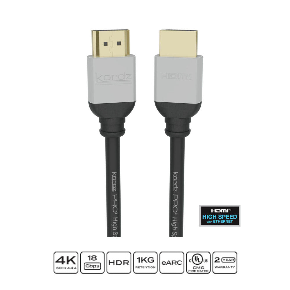 Kordz PRO3 Passive HDMI Cable 4K 60Hz High Speed 18Gbps with Ethernet - Perfect for Home Theater, Gaming, and 4K Ultra HD TV Setup
