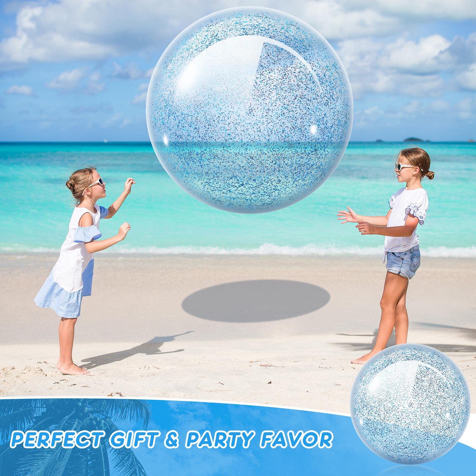 Junkin 2-Piece 48-Inch Blue Glitter Beach Ball Set - Large Inflatable PVC Pool Toys for Swimming, Beach Parties, Summer Games & Outdoor Water Fun