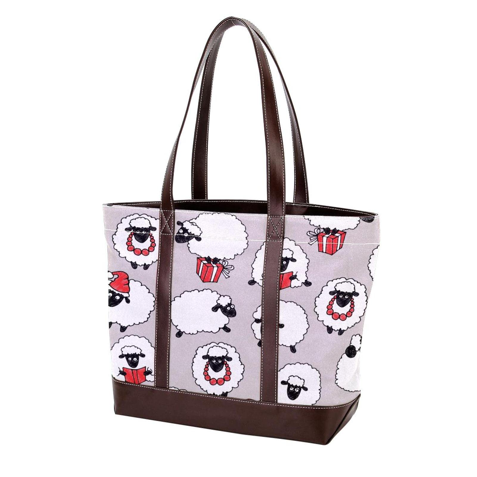 Premium White Santa Alpaca Tote Bag - Large Leather & Canvas Women's Handbag with Top Handle & Shoulder Strap - Perfect for Work, Travel & Shopping