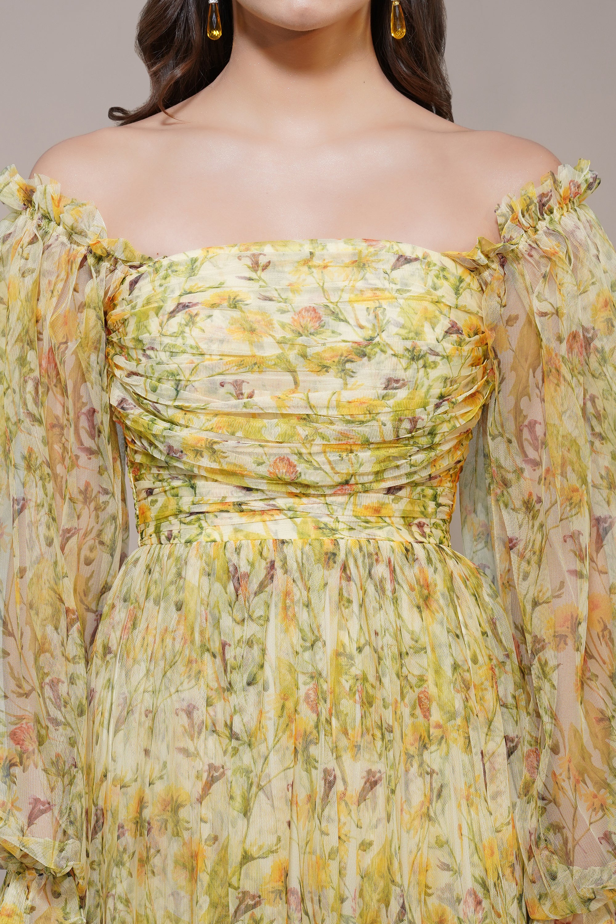 Lana Yellow Printed Tulle Maxi Dress - Flowy Summer Beach Dress for Women, Boho Chic Wedding Guest Outfit, Perfect for Vacations & Special Occasions