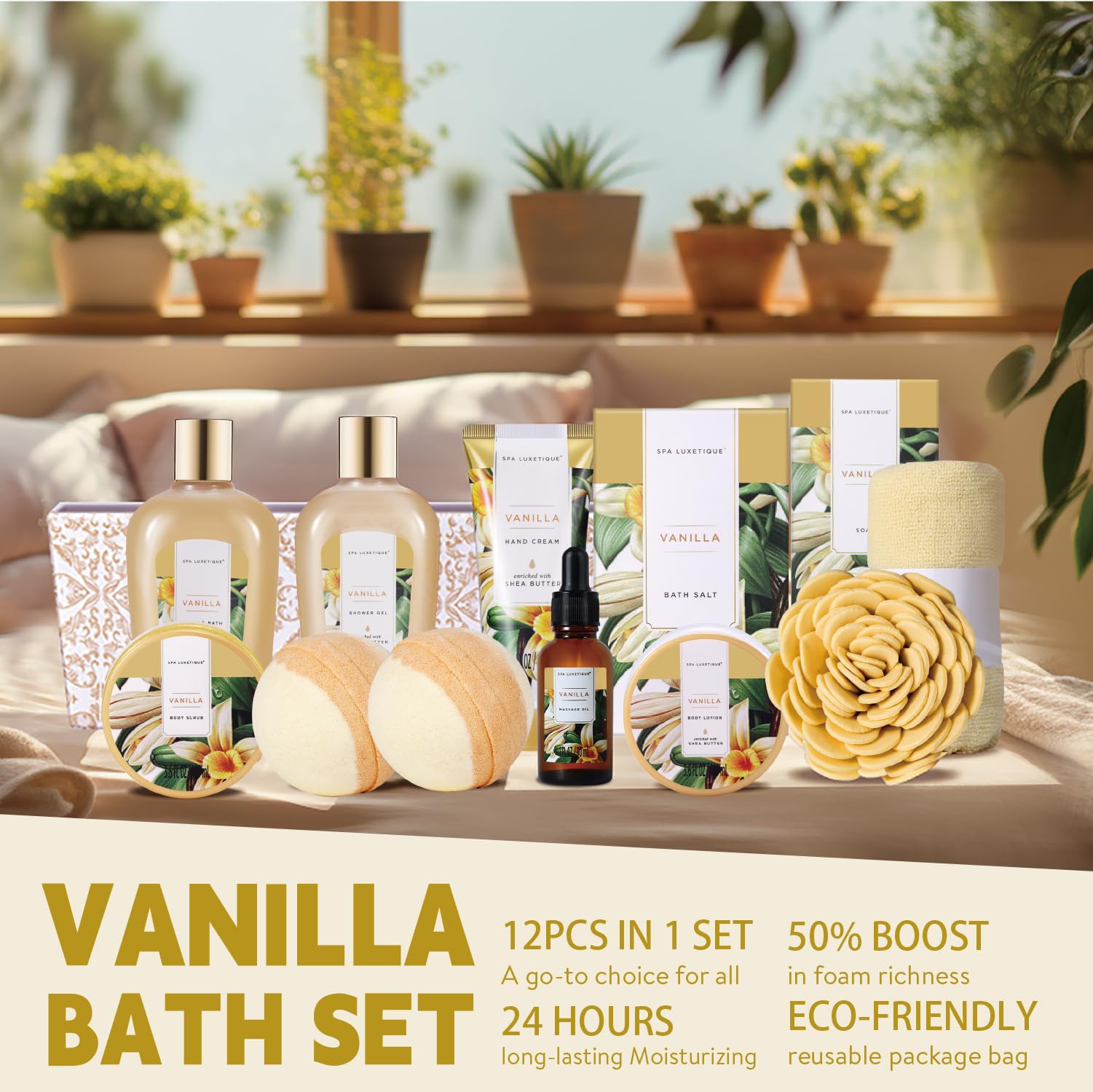 Luxury Spa Gift Basket for Women - 12pc Vanilla Bath & Body Set, Birthday & Self Care Gifts, Spa Kit with Essential Oils - Perfect for Relaxation, Mother's Day & Holiday Gifting