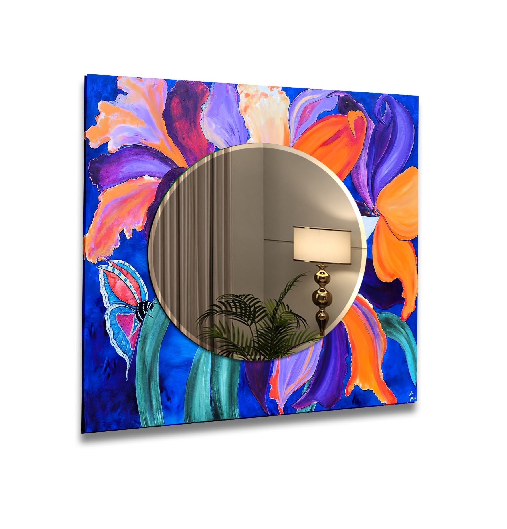 Abstract Purple Flower Painting Wall Mirror - Elegant Home Decor for Living Room, Bedroom & Bathroom | Perfect for Modern & Bohemian Interior Design